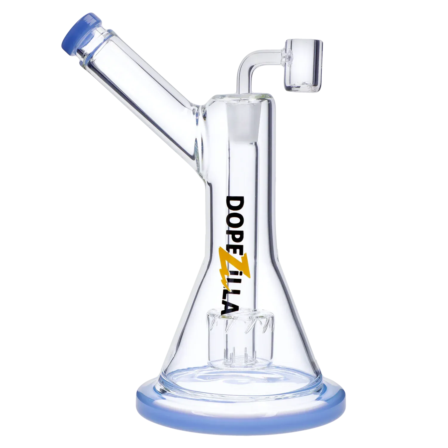 Angled close-up of the Dopezilla Basilisk Dab Rig - Milky Blue showing its clear glass beaker body, slanted neck with blue rim, and top-mounted banger.