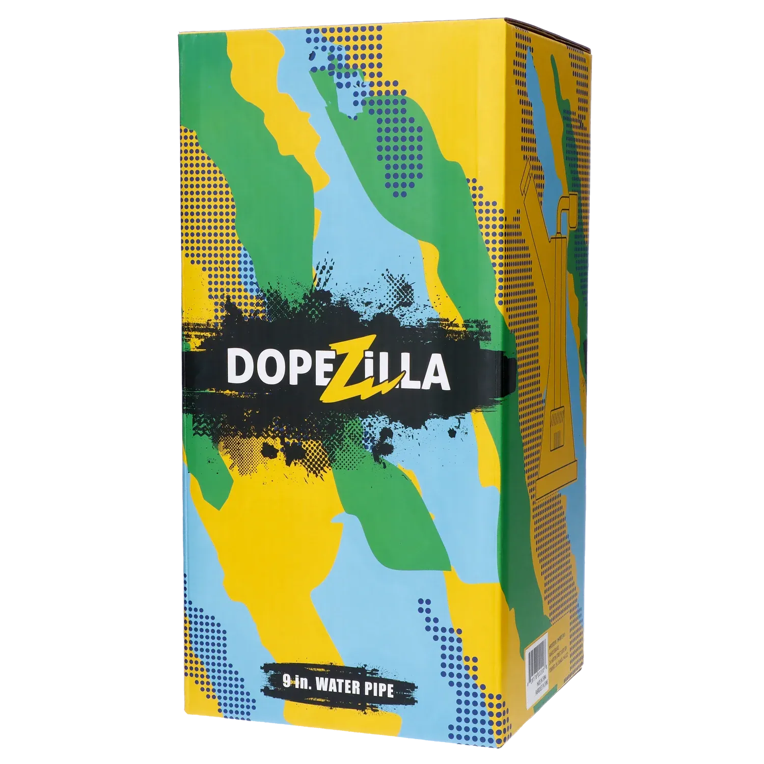 Angled view of the colorful Dopezilla Basilisk Dab Rig - Black - 9in. packaging with bold camo graphics and a central black logo band.