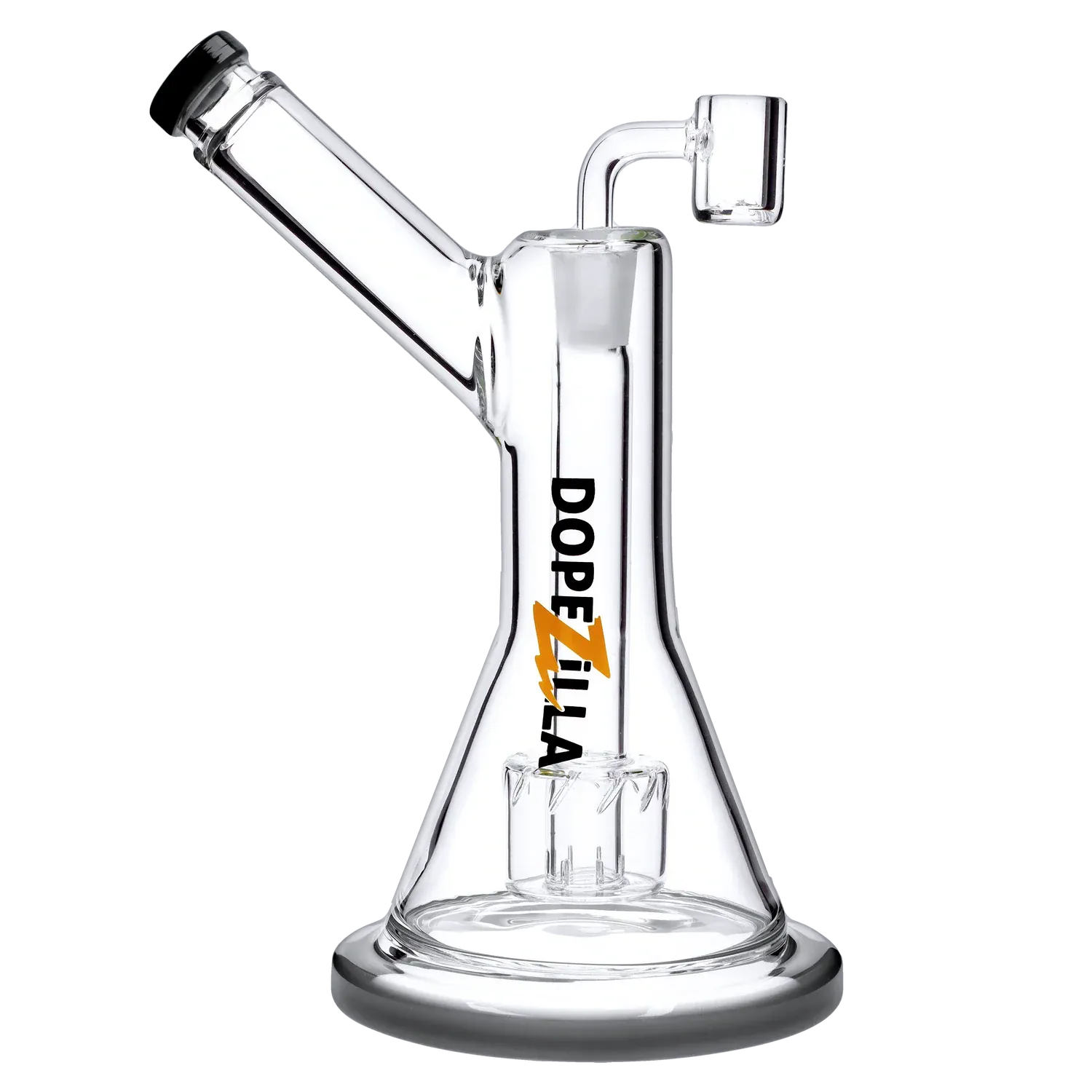 Side view of the clear Dopezilla Basilisk Dab Rig - Black - 9in. showing its angled mouthpiece, straight neck logo, and percolator.