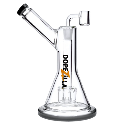 Side view of the clear Dopezilla Basilisk Dab Rig - Black - 9in. showing its angled mouthpiece, straight neck logo, and percolator.