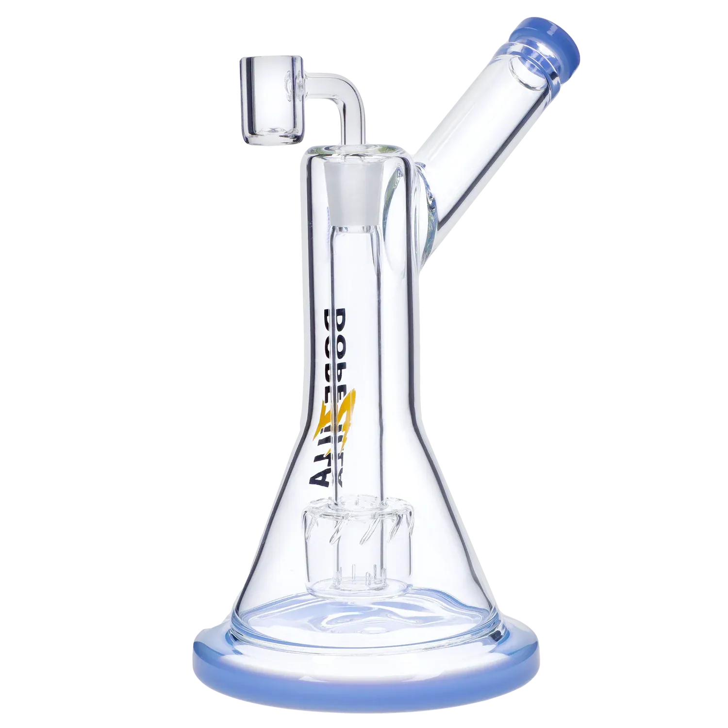 Angled close-up of the Dopezilla Basilisk Dab Rig - Milky Blue showing its beaker base, percolator and slanted mouthpiece with a pale blue rim.
