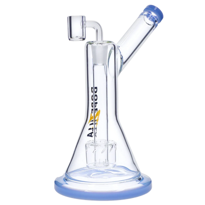 Angled close-up of the Dopezilla Basilisk Dab Rig - Milky Blue showing its beaker base, percolator and slanted mouthpiece with a pale blue rim.