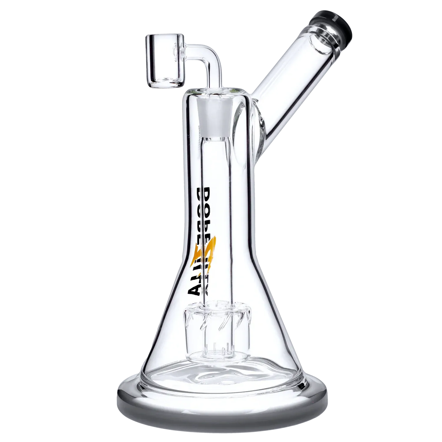 Close-up front view of the Dopezilla Basilisk Dab Rig - Black - 9in., angled mouthpiece and clear beaker body with internal percolator visible.