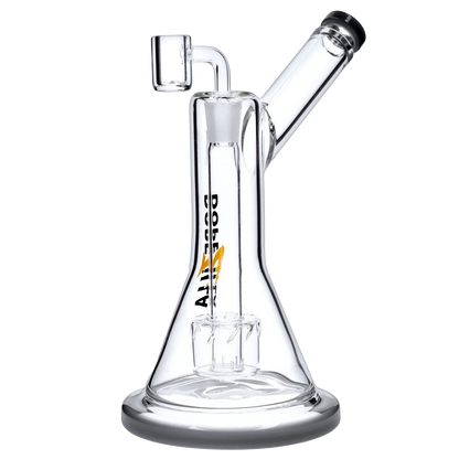 Close-up front view of the Dopezilla Basilisk Dab Rig - Black - 9in., angled mouthpiece and clear beaker body with internal percolator visible.