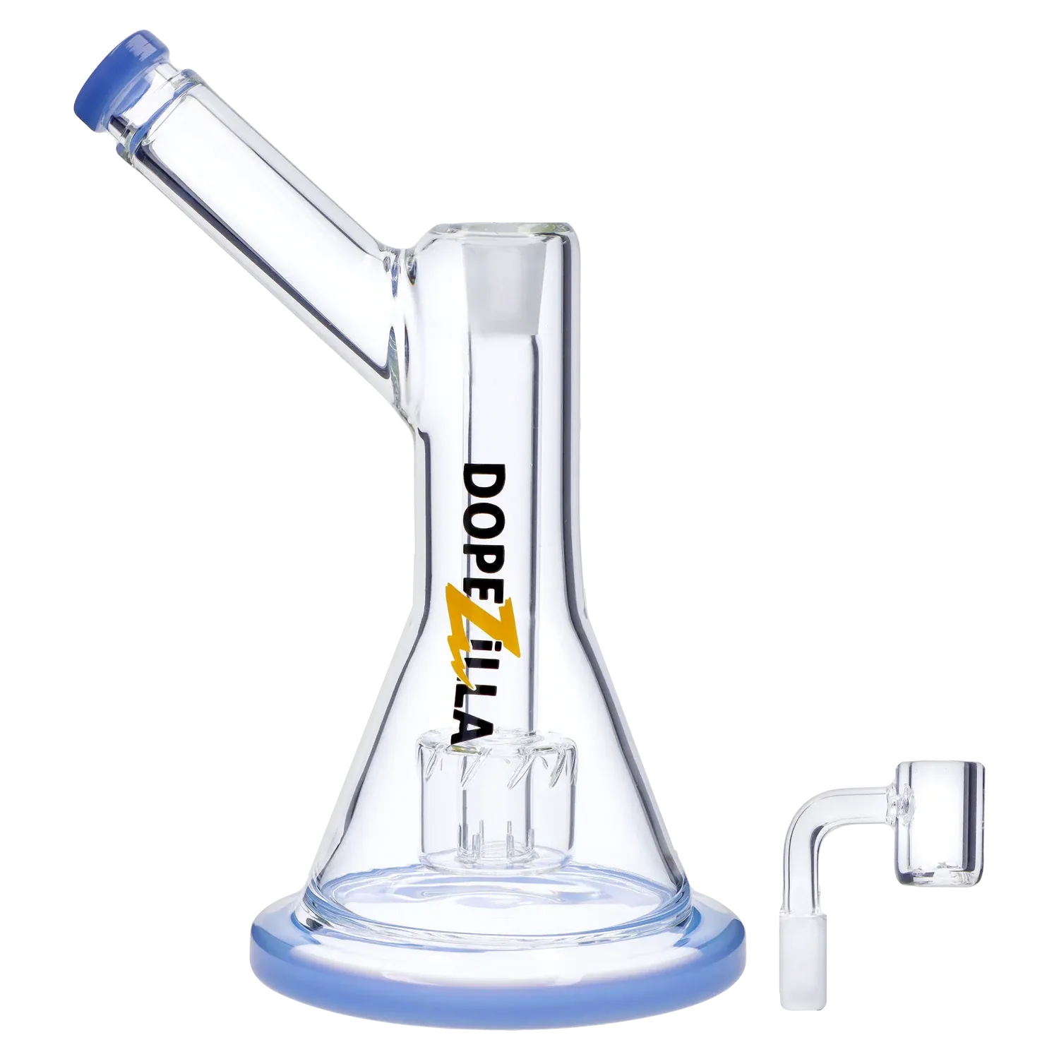 Three-quarter view of the Dopezilla Basilisk Dab Rig - Milky Blue showing its clear glass beaker body, angled mouthpiece with blue rim, and percolator inside.