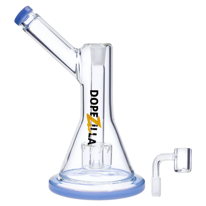 Three-quarter view of the Dopezilla Basilisk Dab Rig - Milky Blue showing its clear glass beaker body, angled mouthpiece with blue rim, and percolator inside.