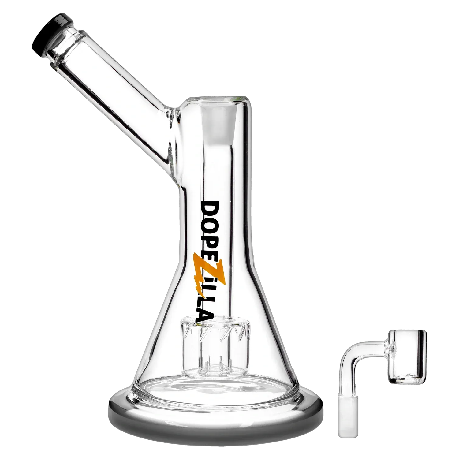 Angled close-up of the glass Dopezilla Basilisk Dab Rig - Black - 9in. showing its beaker base, slanted mouthpiece, logo, and separate nail.