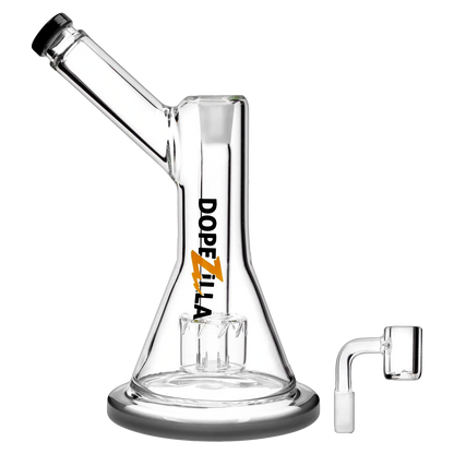 Angled close-up of the glass Dopezilla Basilisk Dab Rig - Black - 9in. showing its beaker base, slanted mouthpiece, logo, and separate nail.