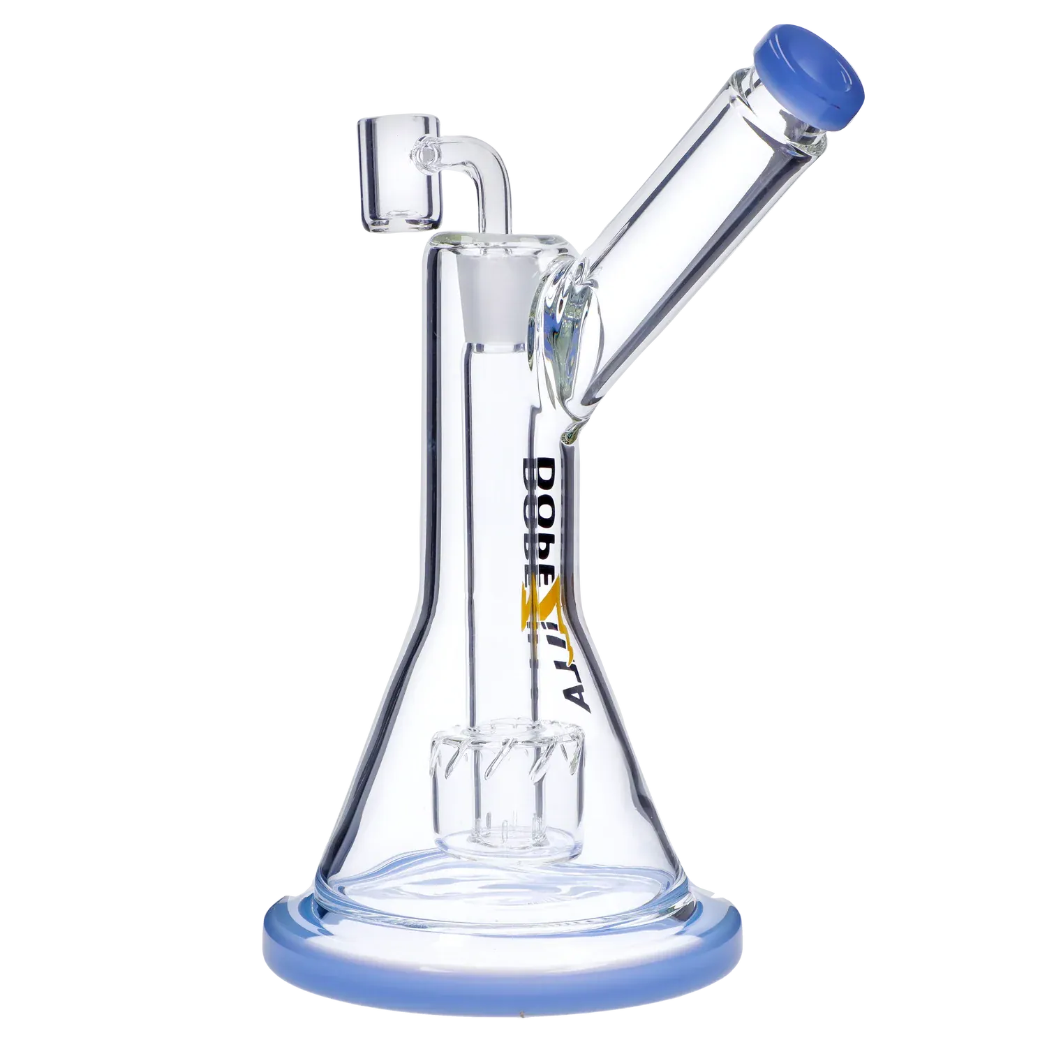 Angled close-up of the Dopezilla Basilisk Dab Rig - Milky Blue showing its clear glass beaker, blue-rimmed mouthpiece, and internal percolator.