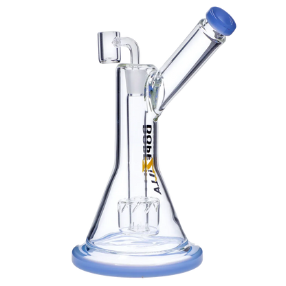 Angled close-up of the Dopezilla Basilisk Dab Rig - Milky Blue showing its clear glass beaker, blue-rimmed mouthpiece, and internal percolator.