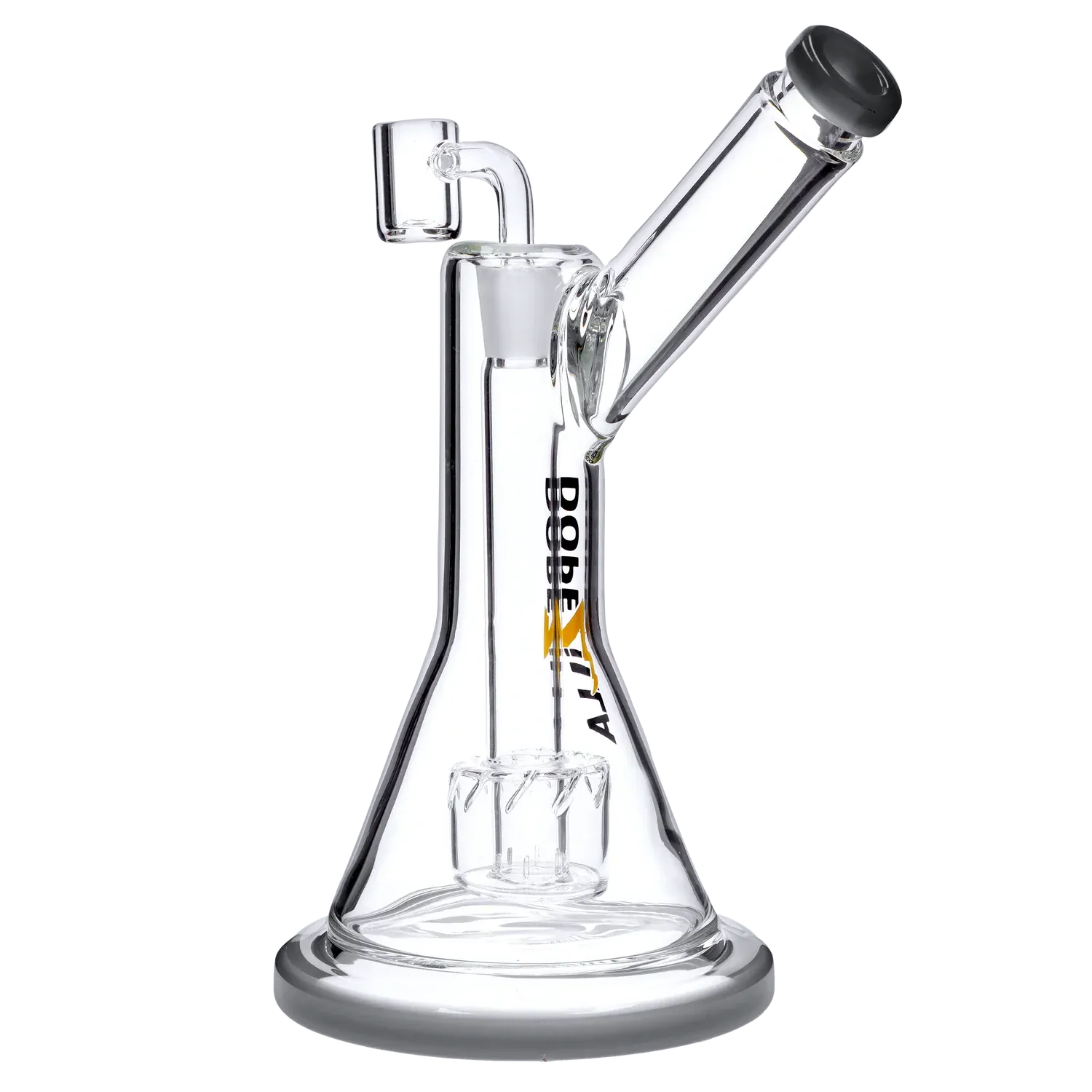 Studio-lit front view of the Dopezilla Basilisk Dab Rig - Black - 9in. showing its clear glass beaker base, angled mouthpiece, and brand logo on the neck