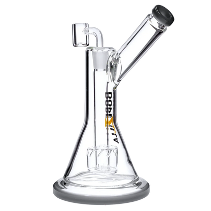 Studio-lit front view of the Dopezilla Basilisk Dab Rig - Black - 9in. showing its clear glass beaker base, angled mouthpiece, and brand logo on the neck