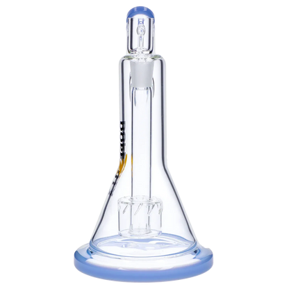 Centered front view of the Dopezilla Basilisk Dab Rig - Milky Blue showing its clear glass beaker body, blue-rimmed base, and internal percolator.