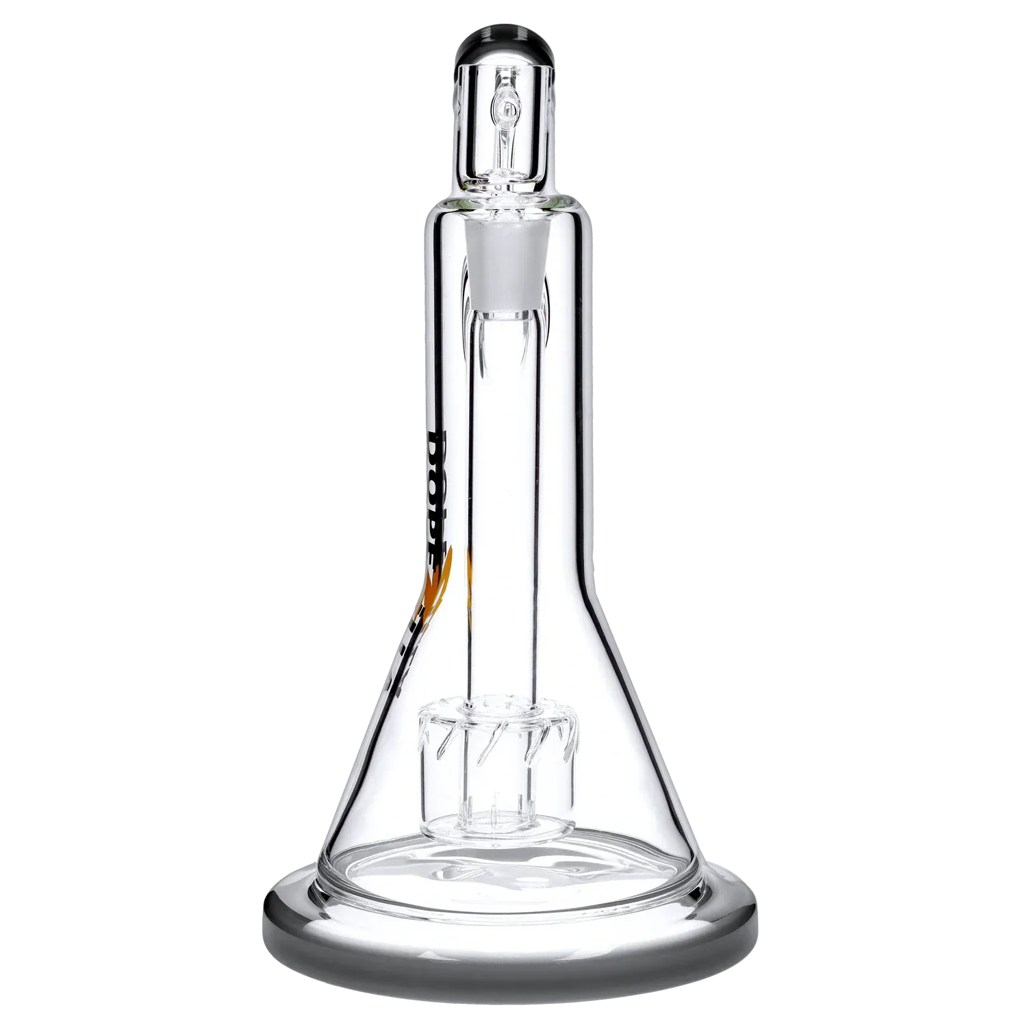 Centered close-up of the Dopezilla Basilisk Dab Rig - Black - 9in. showing the clear glass beaker base, internal percolator, and straight neck against a gray background