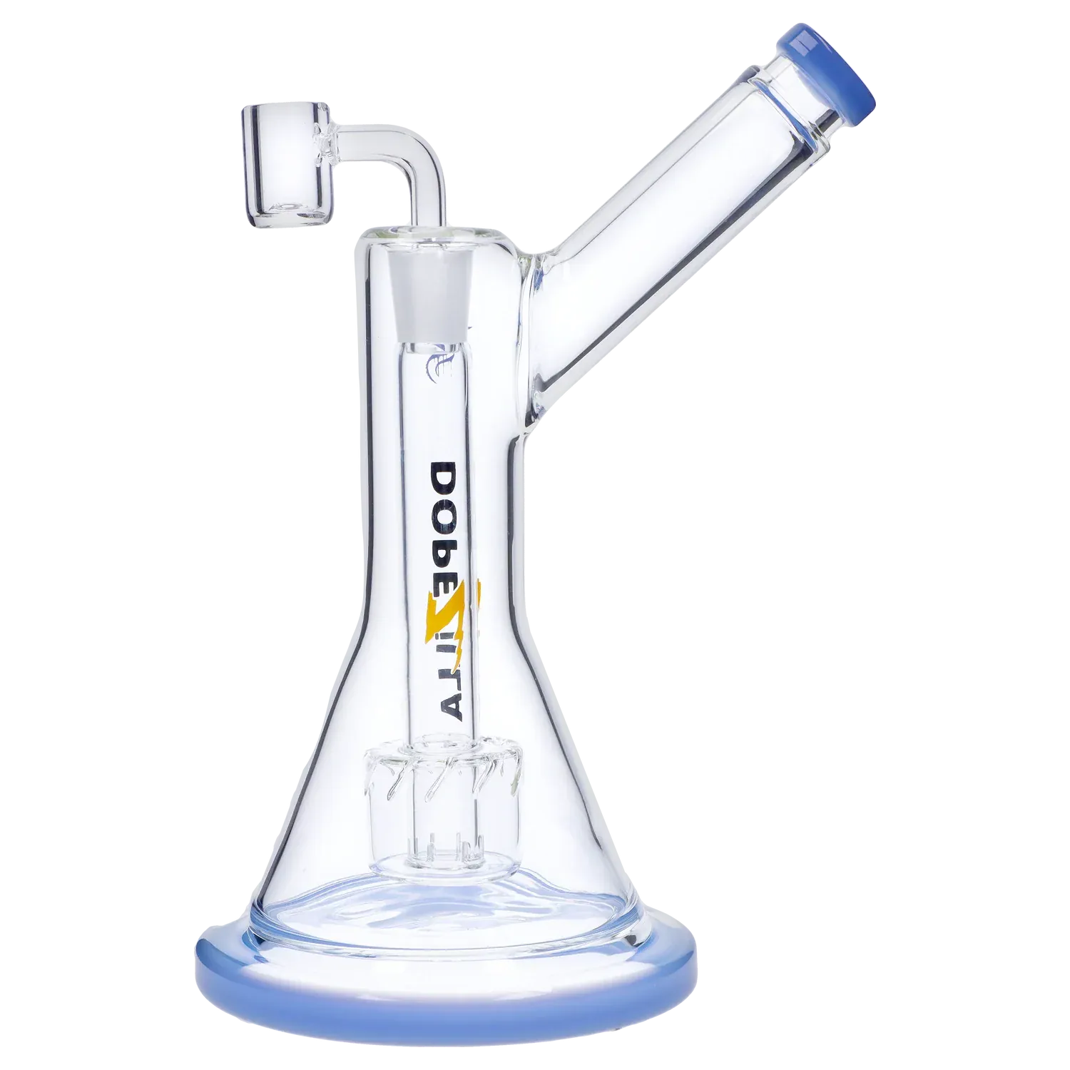 Close-up angled view of the Dopezilla Basilisk Dab Rig - Milky Blue showing its clear glass beaker body, percolator, and blue-rimmed mouthpiece.