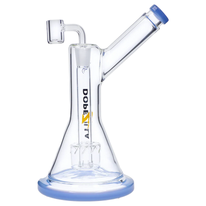 Close-up angled view of the Dopezilla Basilisk Dab Rig - Milky Blue showing its clear glass beaker body, percolator, and blue-rimmed mouthpiece.