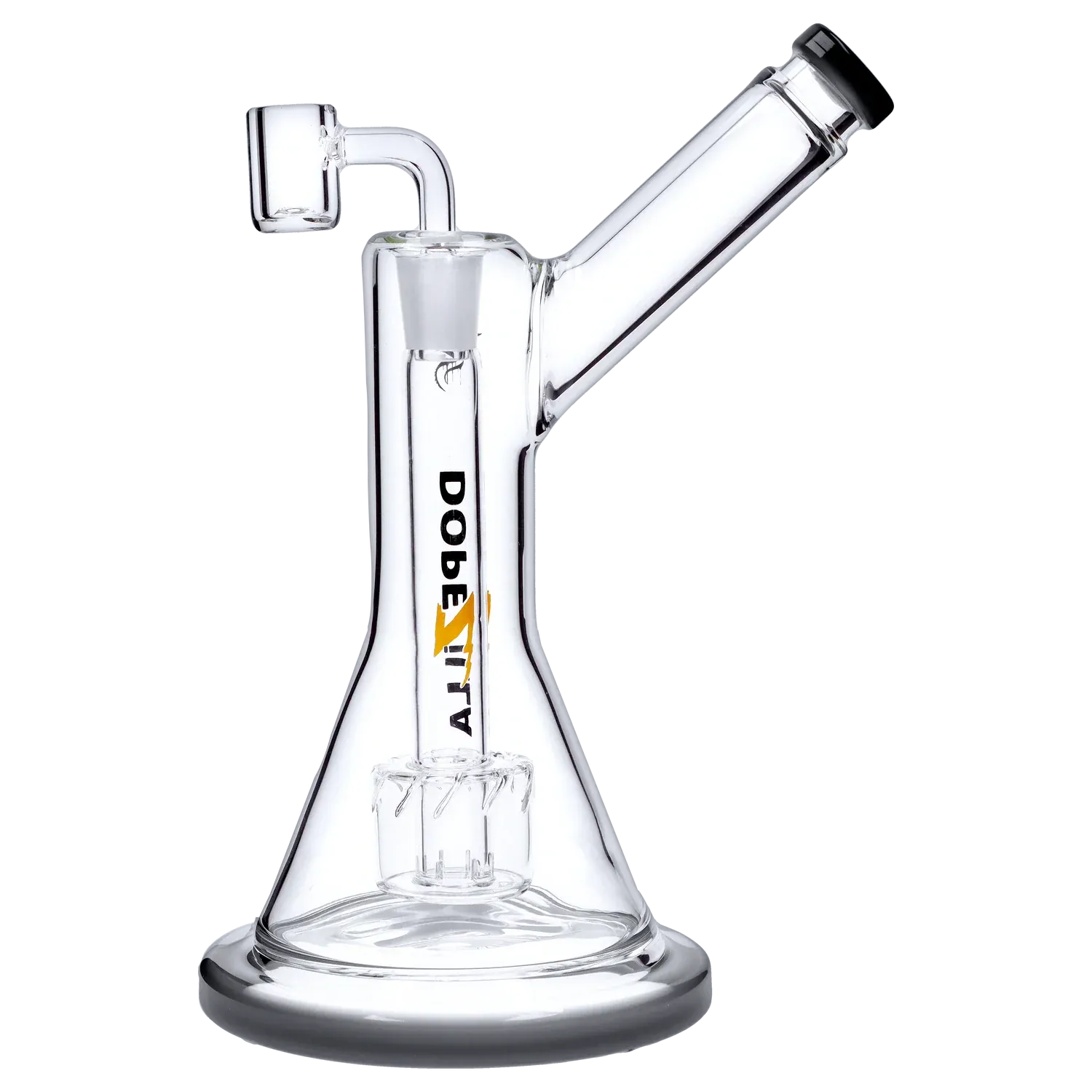 Three-quarter view of the clear Dopezilla Basilisk Dab Rig - Black - 9in. showing its angled mouthpiece, beaker base, and internal percolator.