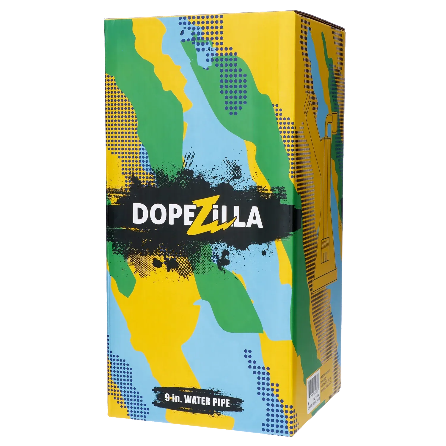 Angled front view of the colorful Dopezilla Basilisk Dab Rig - Milky Blue box with camo-like green, yellow, and blue graphics and bold DOPEZILLA logo.