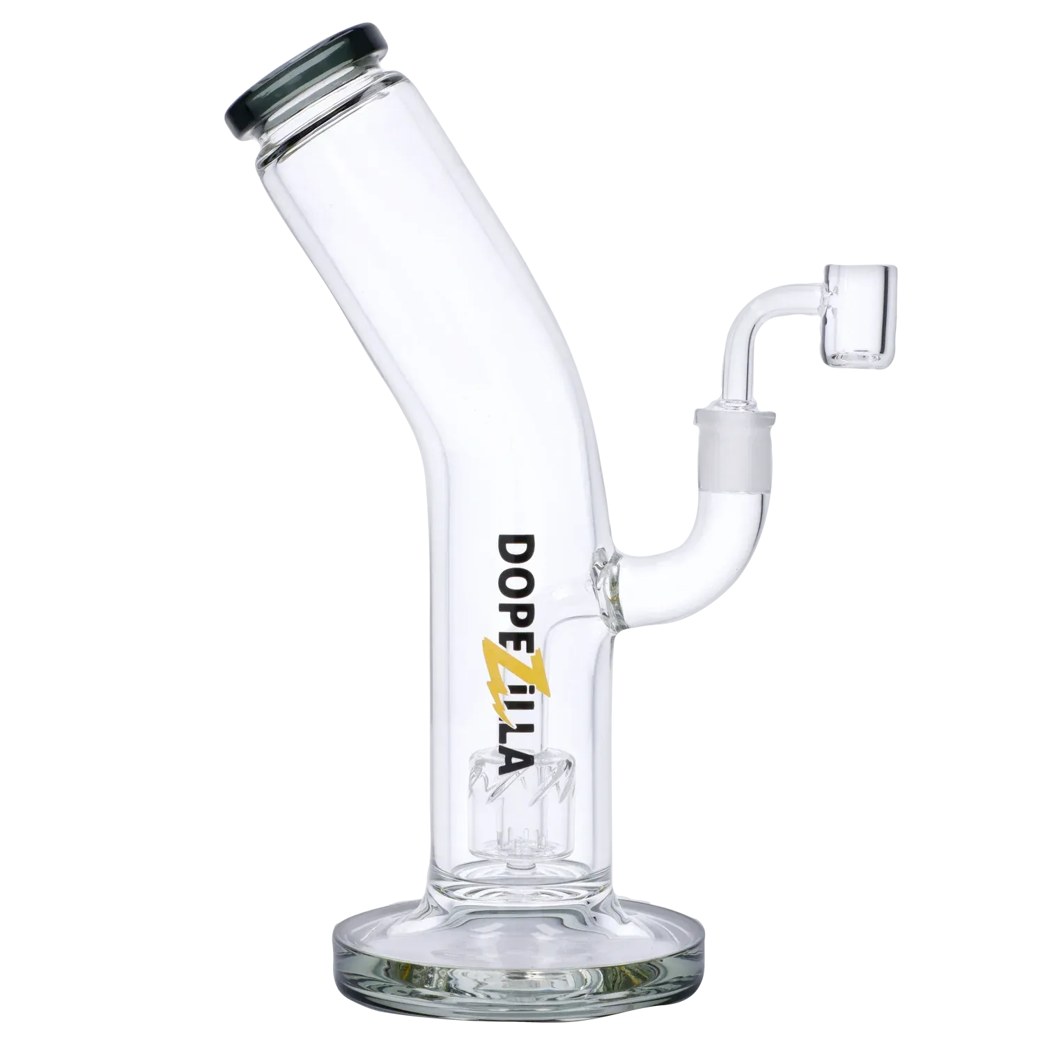 Angled side view of the Dopezilla Ogre Dab Rig - Black - 10in. showing its clear glass neck, jointed banger arm, and logo on the straight tube