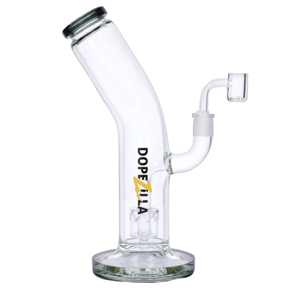 Angled side view of the Dopezilla Ogre Dab Rig - Black - 10in. showing its clear glass neck, jointed banger arm, and logo on the straight tube