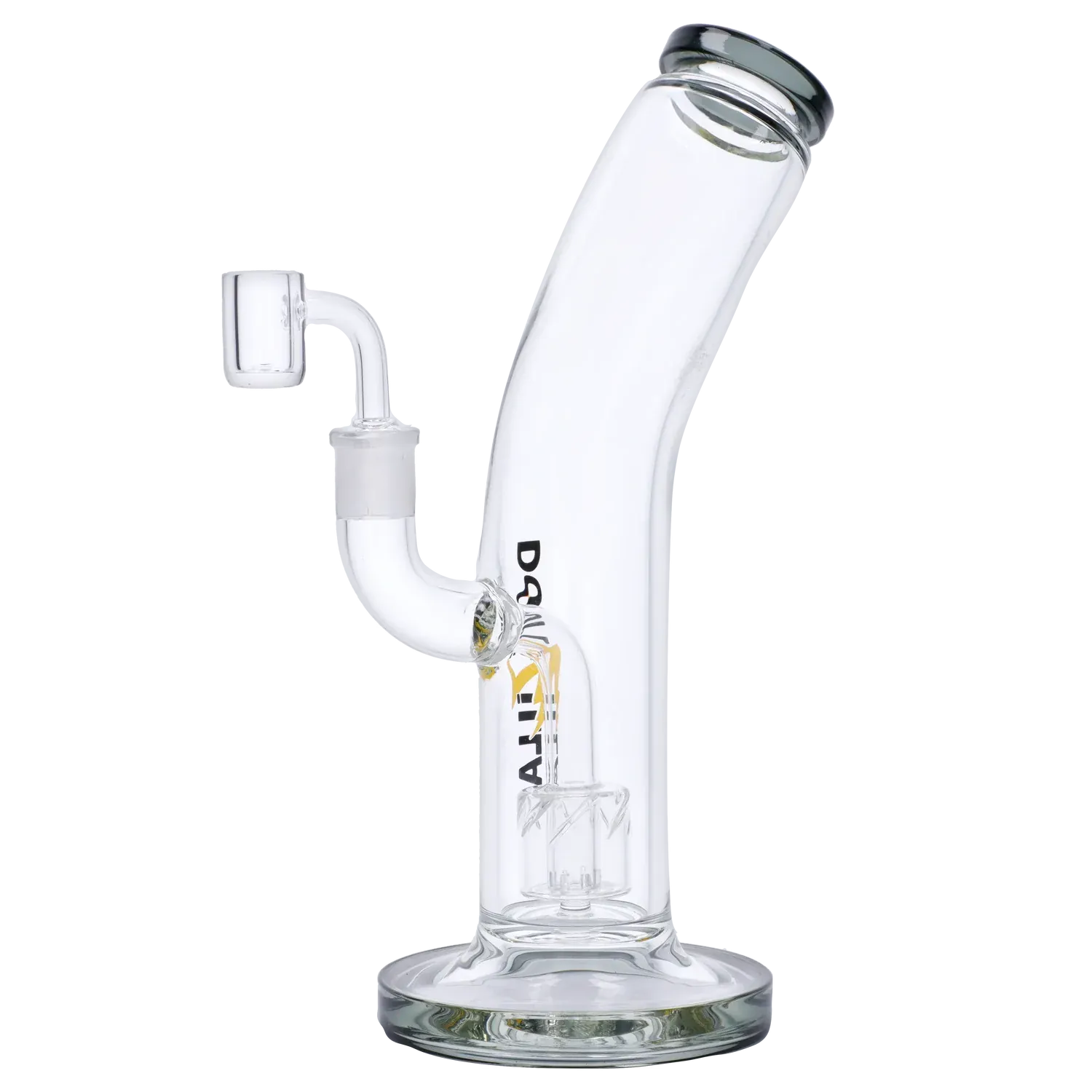 Side view of the 10in. Dopezilla Ogre Dab Rig - Black - 10in. showing its angled neck, clear glass body, and upright percolator on a white background