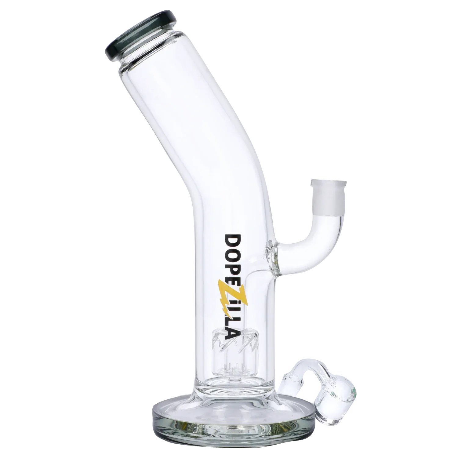 Angled close-up of the Dopezilla Ogre Dab Rig - Black - 10in. showing its slanted mouthpiece, clear glass chamber, and sideways joint.