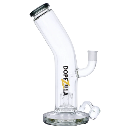 Angled close-up of the Dopezilla Ogre Dab Rig - Black - 10in. showing its slanted mouthpiece, clear glass chamber, and sideways joint.