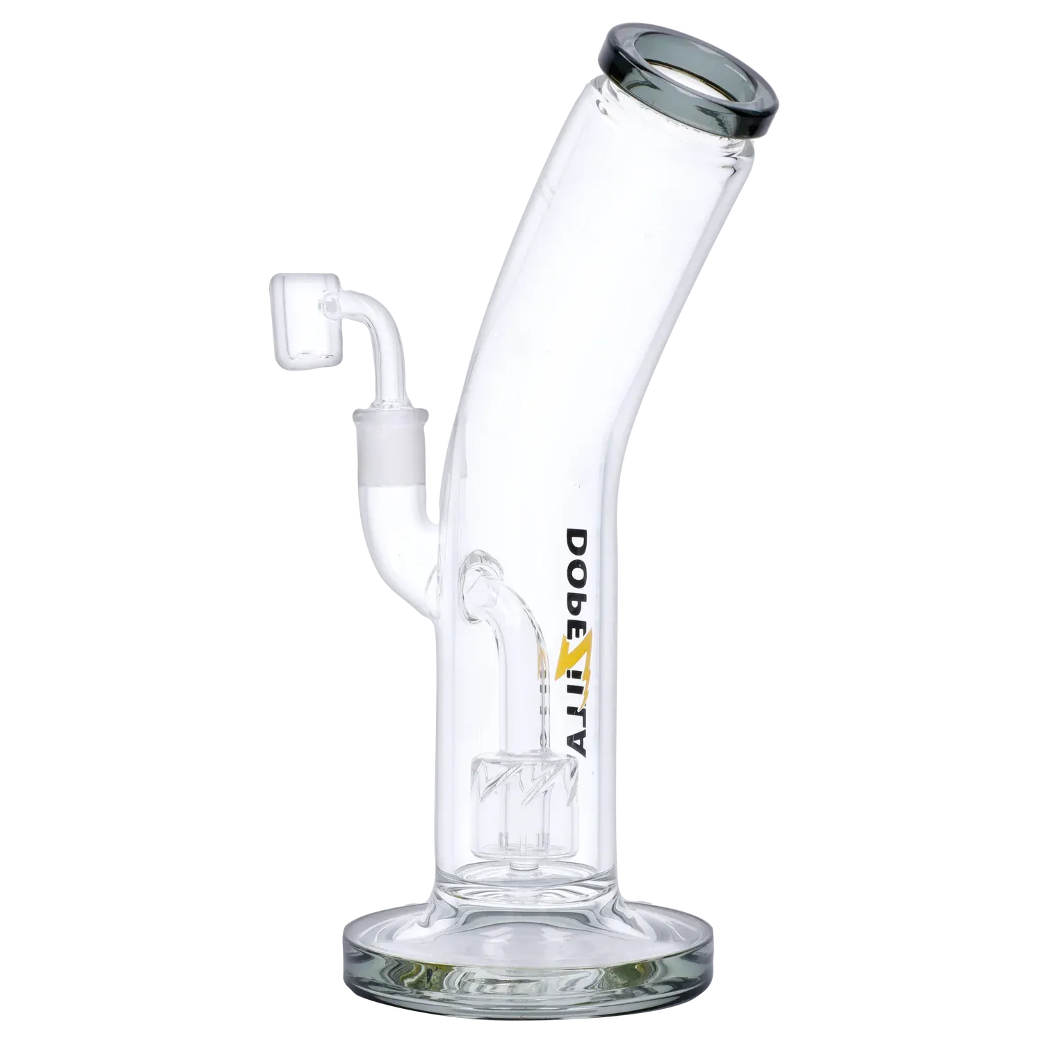 Angled close-up of the black Dopezilla Ogre Dab Rig - Black - 10in., showing its slanted mouthpiece, percolator and clear glass base.