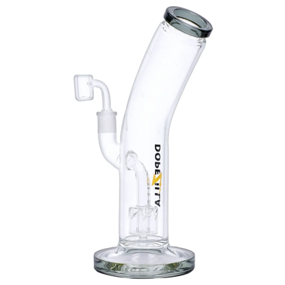 Angled close-up of the black Dopezilla Ogre Dab Rig - Black - 10in., showing its slanted mouthpiece, percolator and clear glass base.