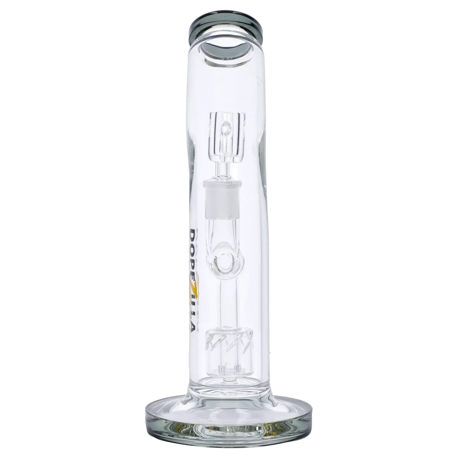 Straight-on view of the clear Dopezilla Ogre Dab Rig - Black - 10in. showing its straight tube, internal percolator, and flared base