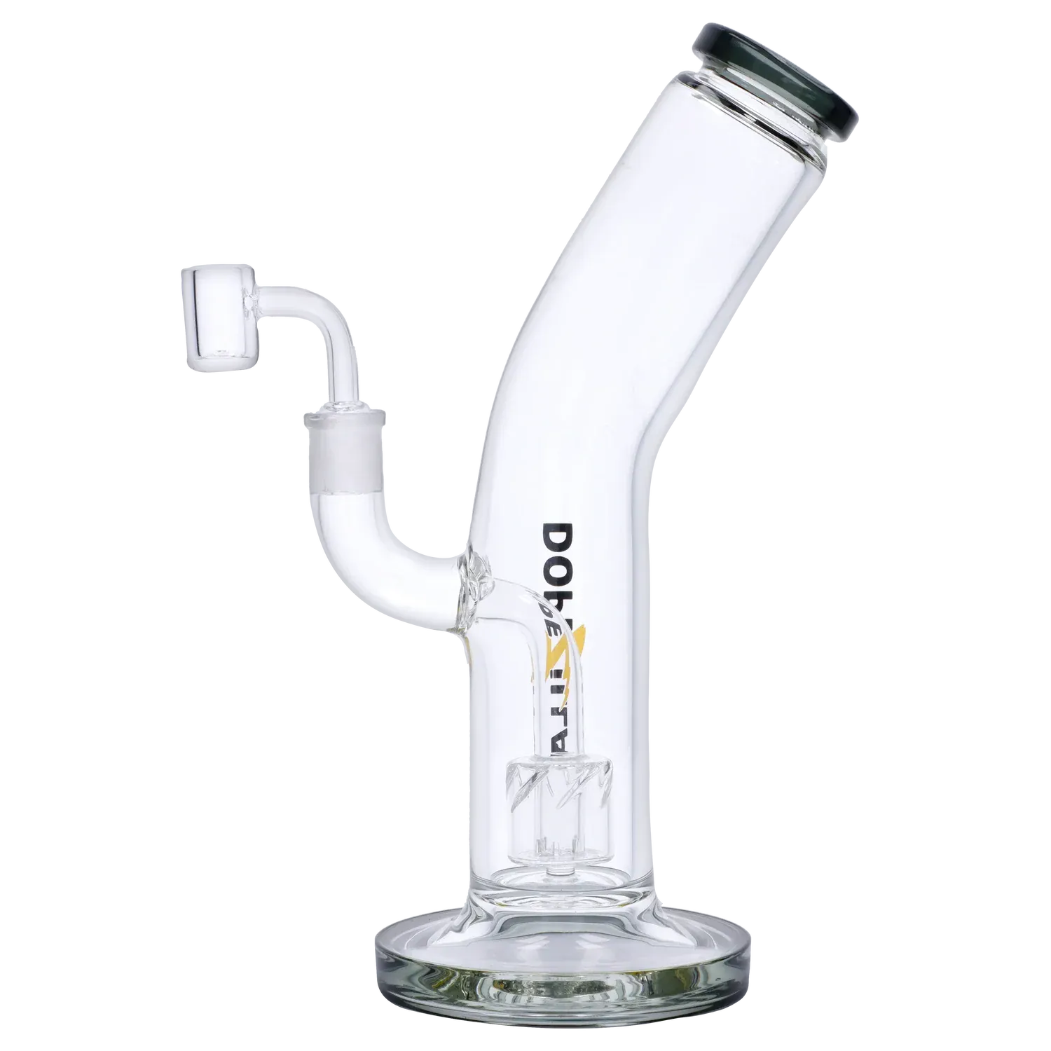 Angled close-up of the Dopezilla Ogre Dab Rig - Black - 10in. showing its slanted neck, percolator and side banger against a white background