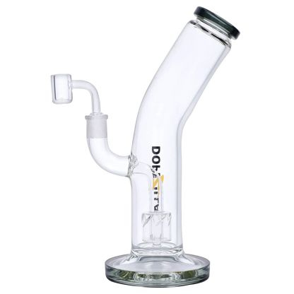 Angled close-up of the Dopezilla Ogre Dab Rig - Black - 10in. showing its slanted neck, percolator and side banger against a white background