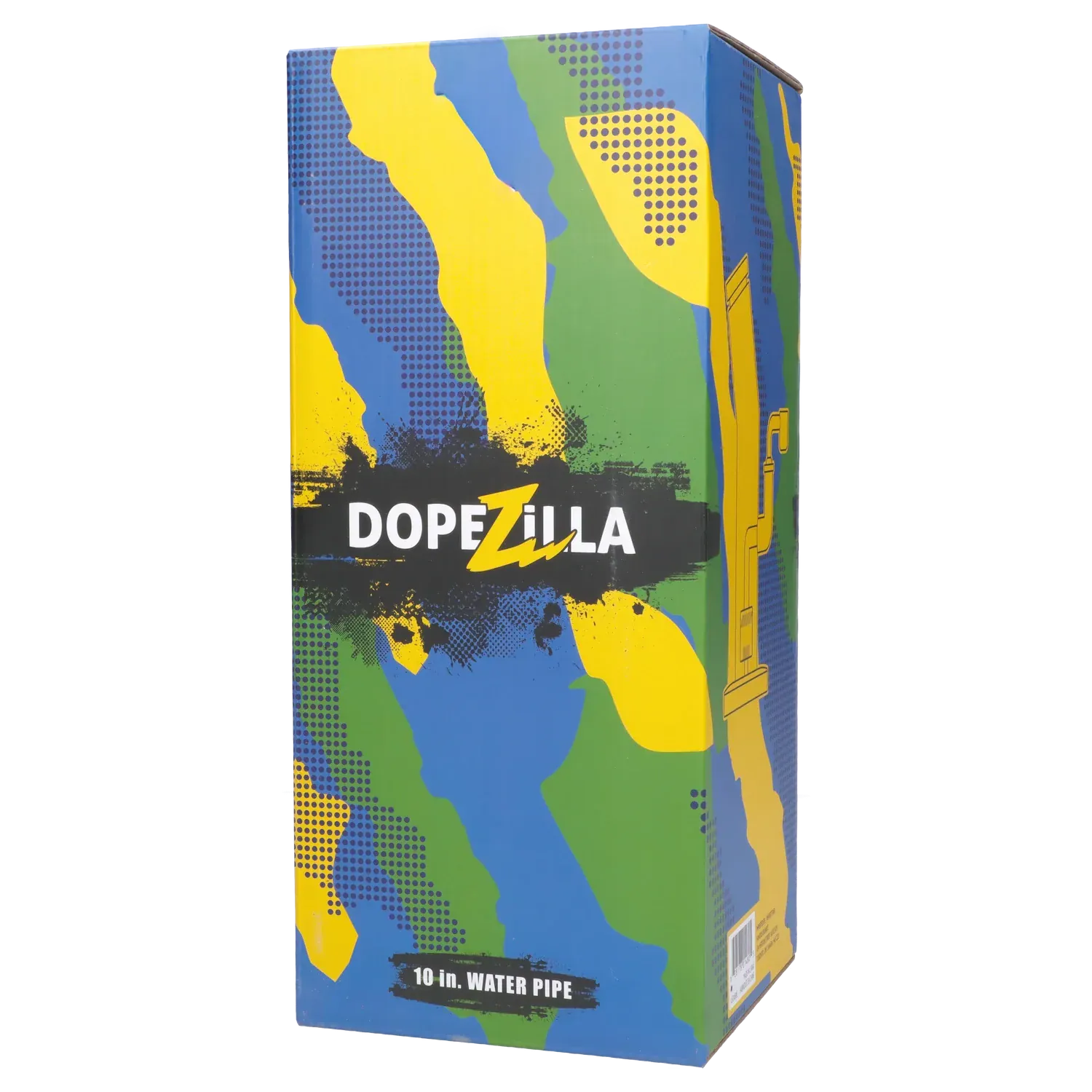 Angled front view of the colorful Dopezilla Ogre Dab Rig - Black - 10in. packaging with bold yellow, green, and blue camo panels and the DOPEZILLA logo.