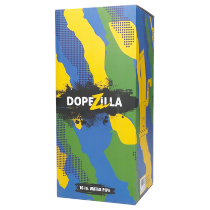 Angled front view of the colorful Dopezilla Ogre Dab Rig - Black - 10in. packaging with bold yellow, green, and blue camo panels and the DOPEZILLA logo.