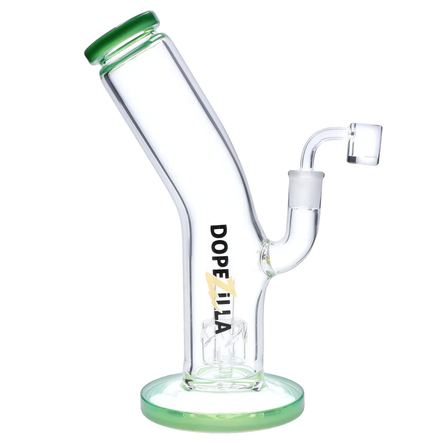 Angled close-up of the Dopezilla Ogre Dab Rig - Milky Jade - 10in., showing its tilted clear glass neck, green-rimmed mouthpiece and base, and side joint against a white background.