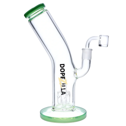 Angled close-up of the Dopezilla Ogre Dab Rig - Milky Jade - 10in., showing its tilted clear glass neck, green-rimmed mouthpiece and base, and side joint against a white background.