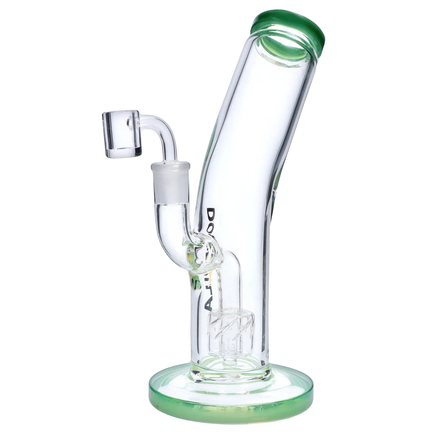 Angled close-up of the Dopezilla Ogre Dab Rig - Milky Jade - 10in. showing its curved clear glass neck, green-rimmed mouthpiece and base, and internal percolator.