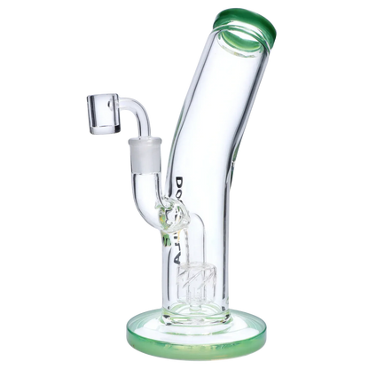 Angled close-up of the Dopezilla Ogre Dab Rig - Milky Jade - 10in. showing its curved clear glass neck, green-rimmed mouthpiece and base, and internal percolator.