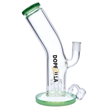 Angled close-up of the Dopezilla Ogre Dab Rig - Milky Jade - 10in., showing the slanted neck, green-rimmed mouthpiece and base, and joint arm against a pale background