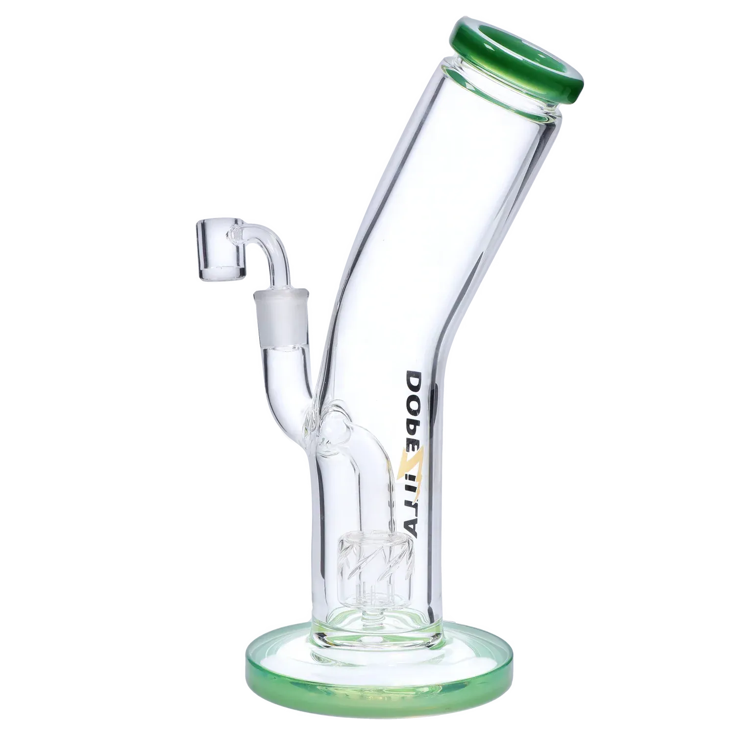 Angled side view of the Dopezilla Ogre Dab Rig - Milky Jade - 10in. showing its clear glass tube, green-rimmed mouthpiece and base, and internal percolator.