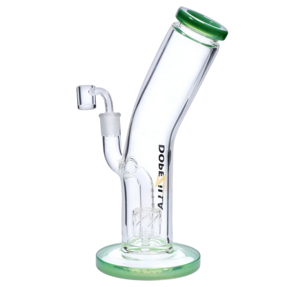 Angled side view of the Dopezilla Ogre Dab Rig - Milky Jade - 10in. showing its clear glass tube, green-rimmed mouthpiece and base, and internal percolator.