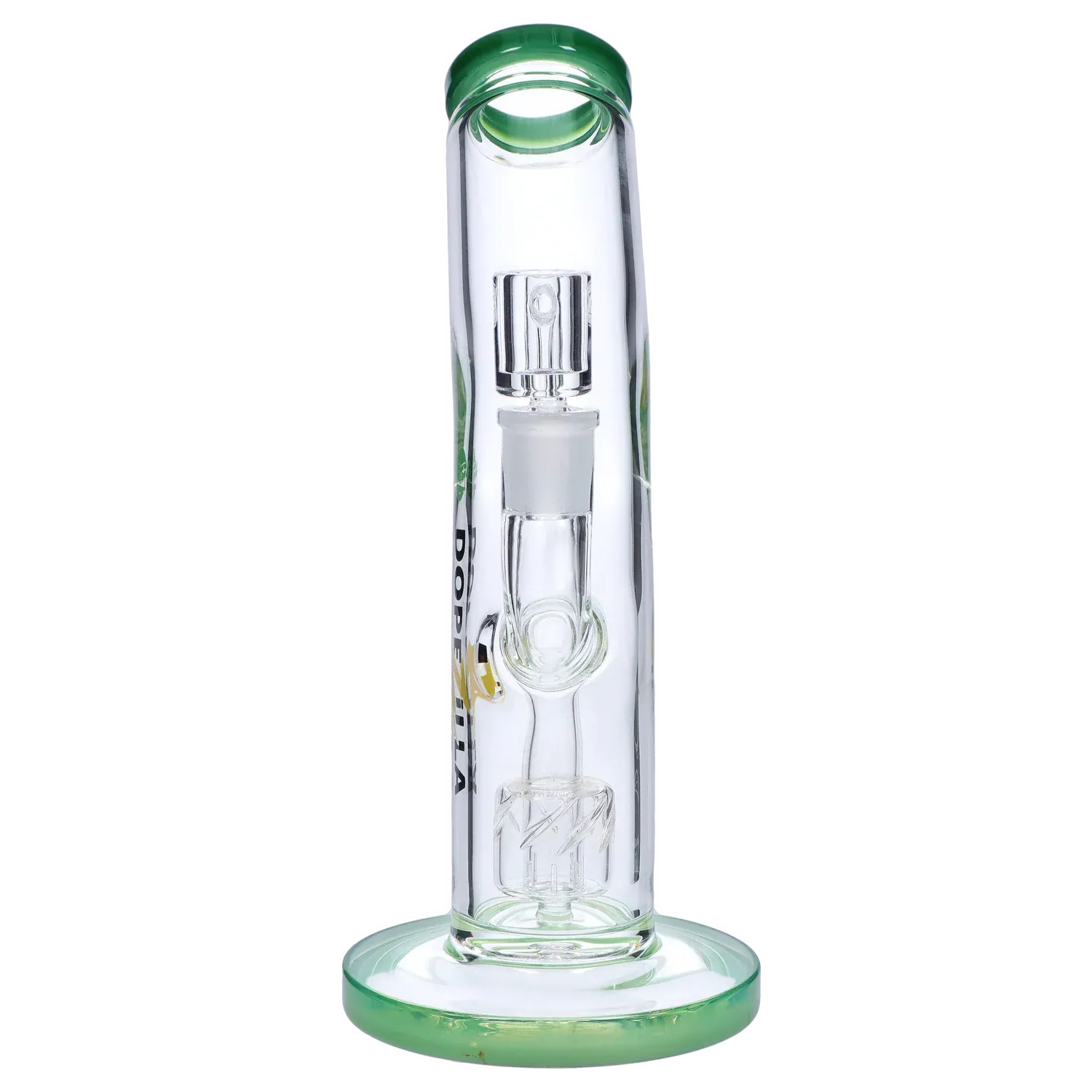 Vertical front view of the Dopezilla Ogre Dab Rig - Milky Jade - 10in. showing its clear glass chamber, green-rimmed mouthpiece and base, and internal percolator.