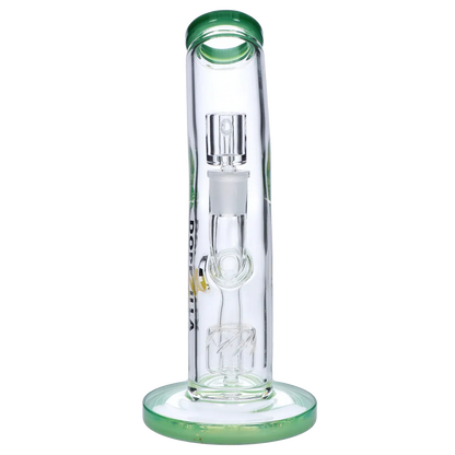 Vertical front view of the Dopezilla Ogre Dab Rig - Milky Jade - 10in. showing its clear glass chamber, green-rimmed mouthpiece and base, and internal percolator.