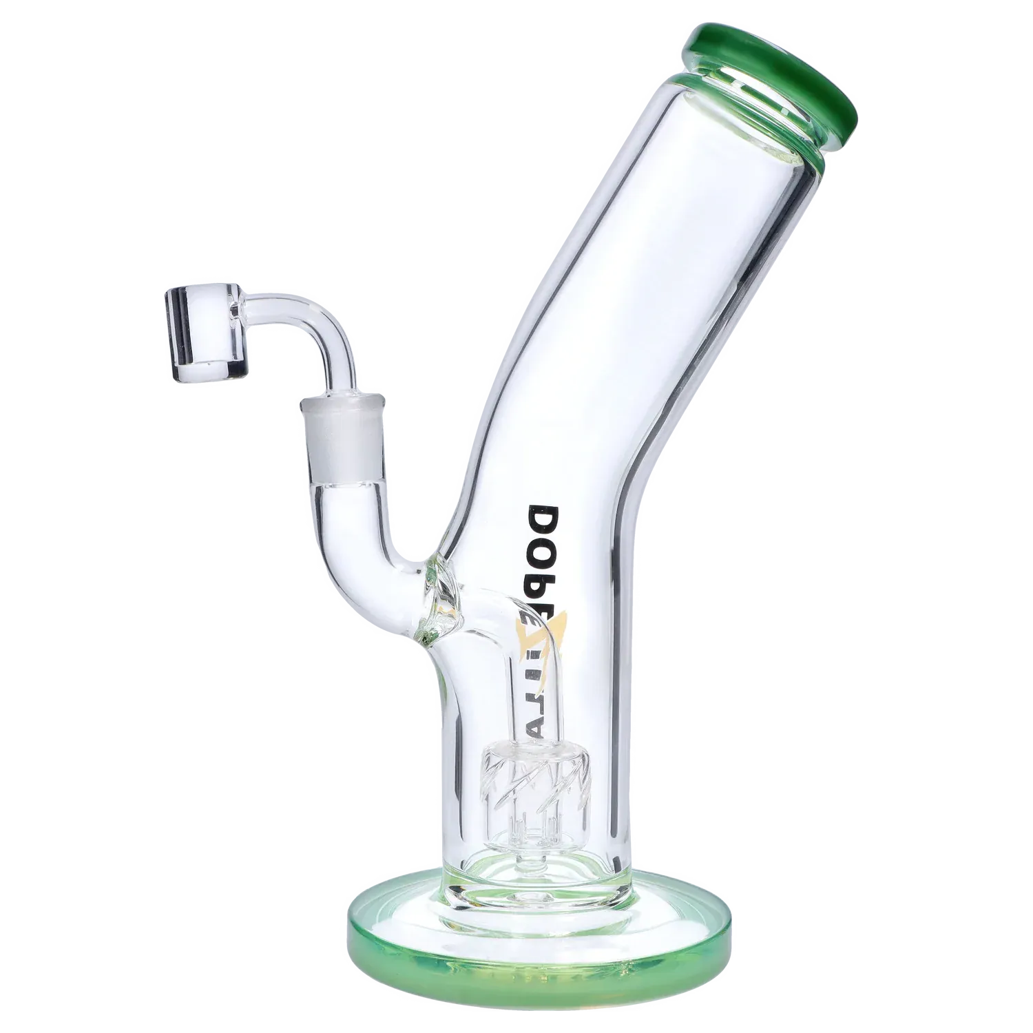 Angled side view of the Dopezilla Ogre Dab Rig - Milky Jade - 10in. showing its curved clear glass neck, green-rimmed mouthpiece and base, and internal percolator.