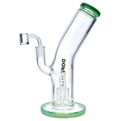 Angled side view of the Dopezilla Ogre Dab Rig - Milky Jade - 10in. showing its curved clear glass neck, green-rimmed mouthpiece and base, and internal percolator.