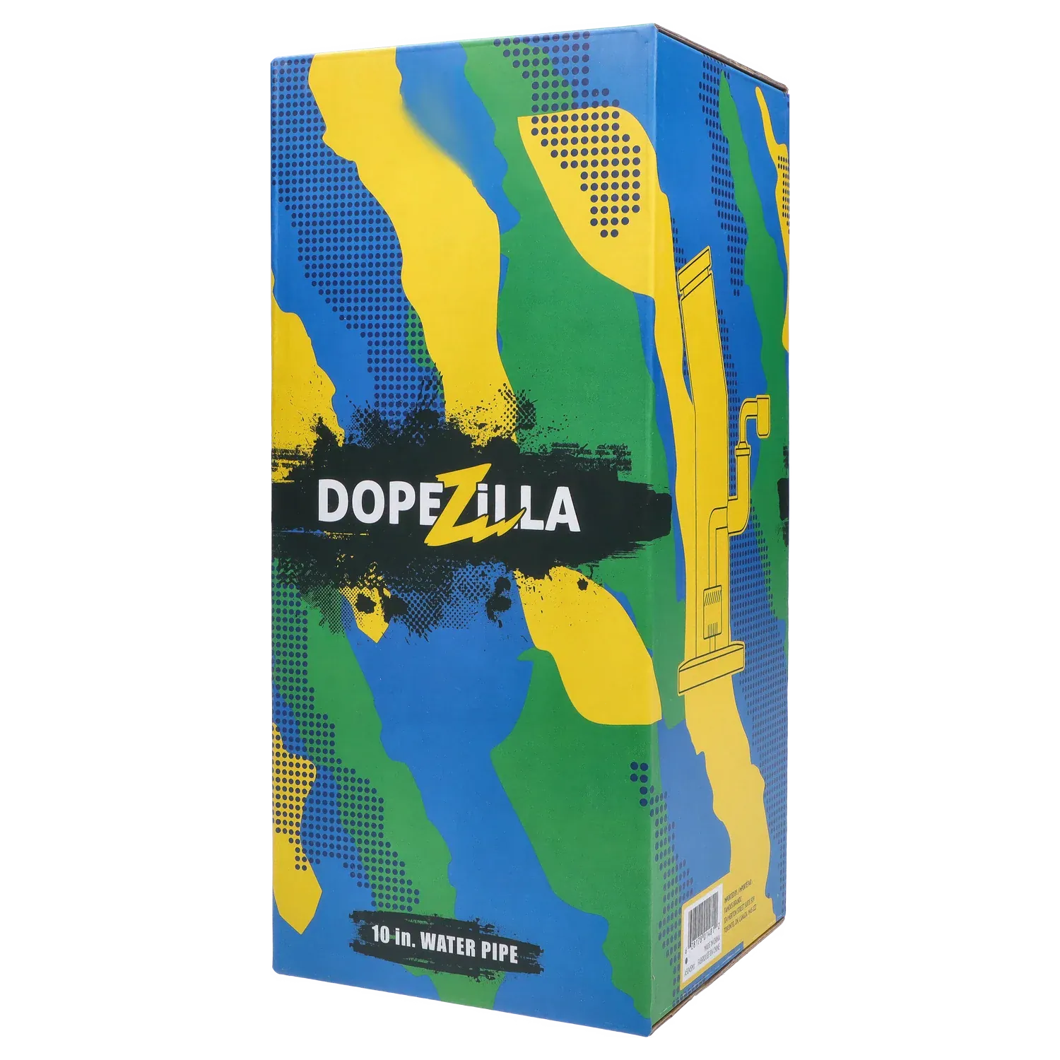Angled view of the colorful box for the Dopezilla Ogre Dab Rig - Milky Jade - 10in., showing bold yellow, green and blue camo graphics and the DOPEZILLA logo.