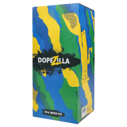 Angled view of the colorful box for the Dopezilla Ogre Dab Rig - Milky Jade - 10in., showing bold yellow, green and blue camo graphics and the DOPEZILLA logo.
