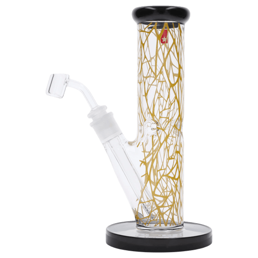 Front view of the 10-inch Famous Design Contact Dab Rig, featuring a clear glass body with black accents and intricate internal detailing.