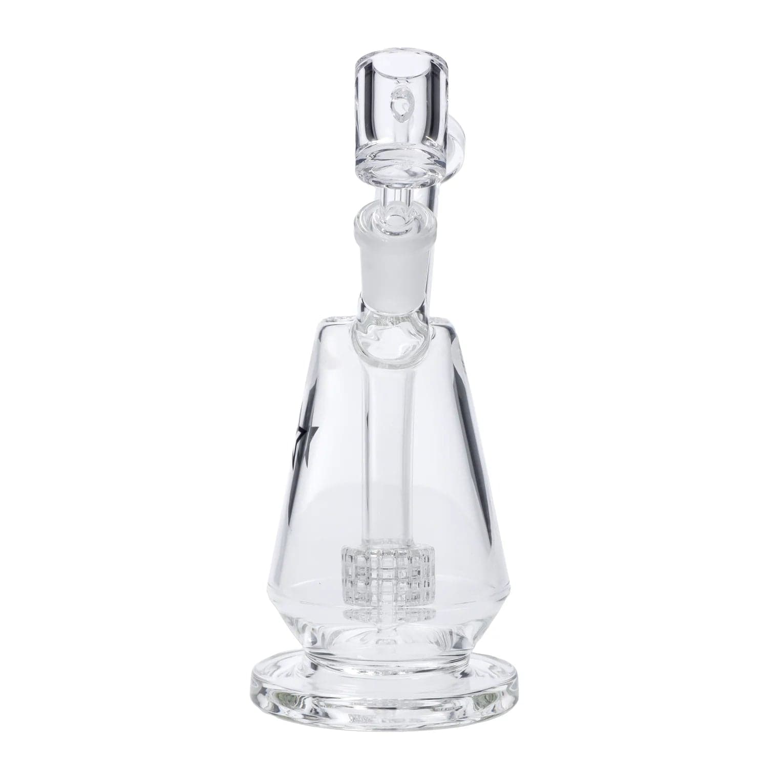 Front view of the 7-inch Famous X Drip Dab Rig, showing the clear glass construction and minimalist design.