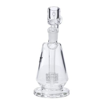 Front view of the 7-inch Famous X Drip Dab Rig, showing the clear glass construction and minimalist design.